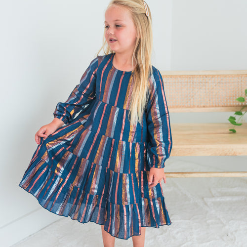 Multi Coloured Lurex Tiered Long Sleeve Dress & Diaper Cover Set