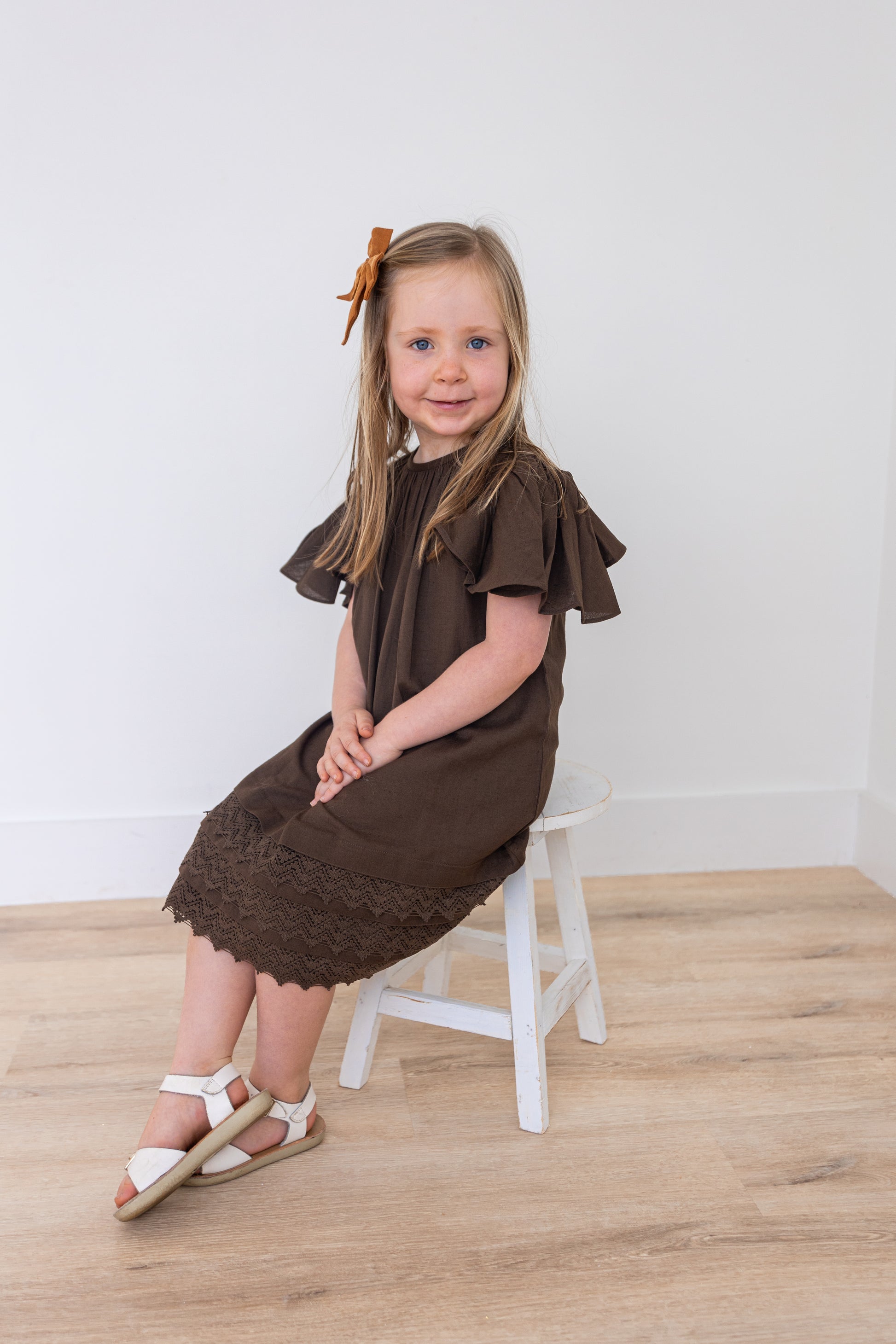 Chocolate Brown Sleeve and Neck Gathered Dress Cotton Girls Dress | Yo Baby Online Chocolate Brown Sleeve and Neck Gathered Dress Cotton Girls Dress | Yo Baby Online