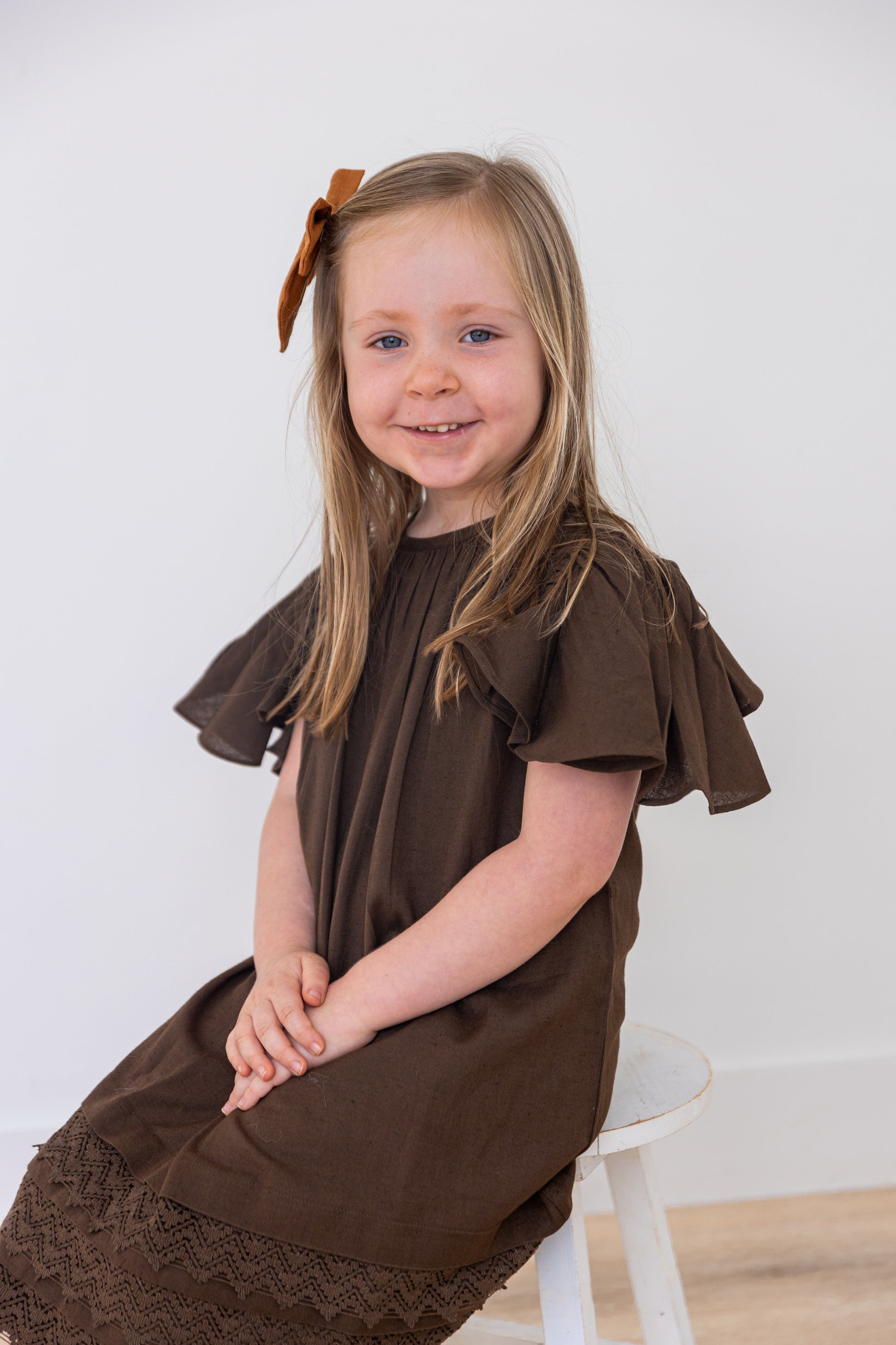 Chocolate Brown Sleeve and Neck Gathered Dress — Cotton Girls Dress