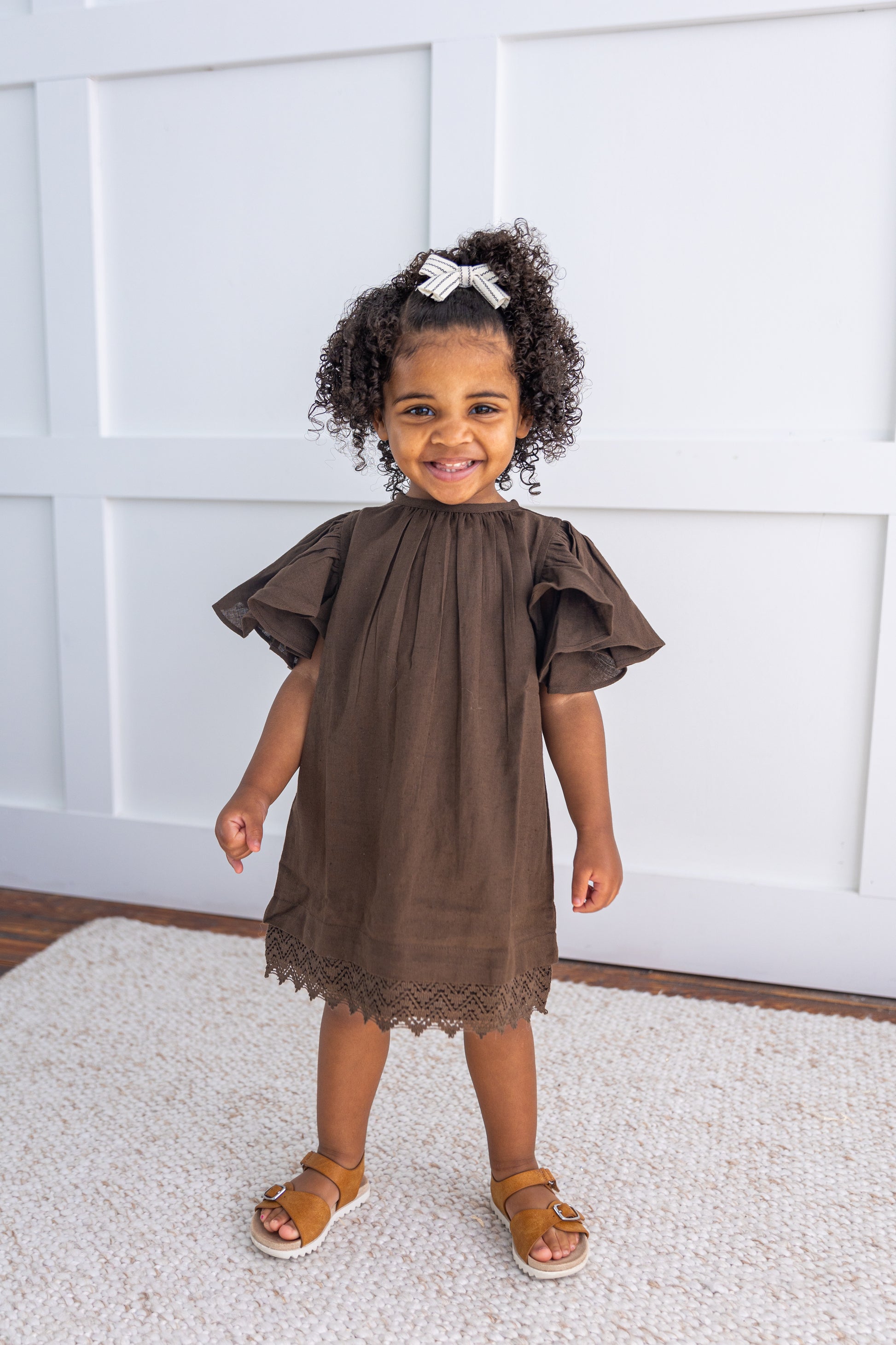 Chocolate Brown Sleeve and Neck Gathered Dress Cotton Girls Dress | Yo Baby Online Chocolate Brown Sleeve and Neck Gathered Dress Cotton Girls Dress | Yo Baby Online