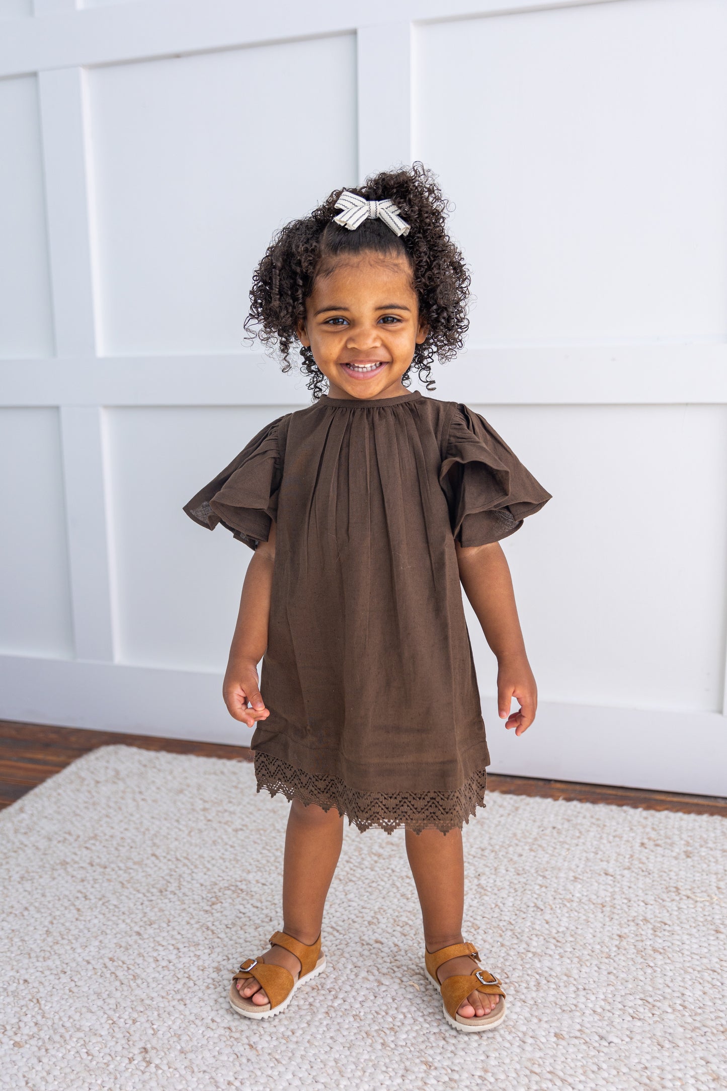 Chocolate Brown Sleeve and Neck Gathered Dress — Cotton Girls Dress Chocolate Brown Sleeve and Neck Gathered Dress — Cotton Girls Dress