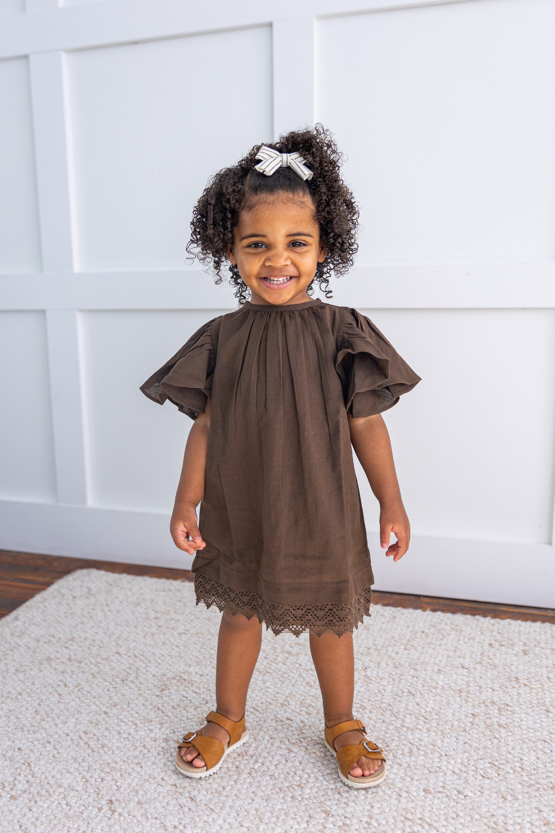 Chocolate Brown Sleeve and Neck Gathered Dress — Cotton Girls Dress