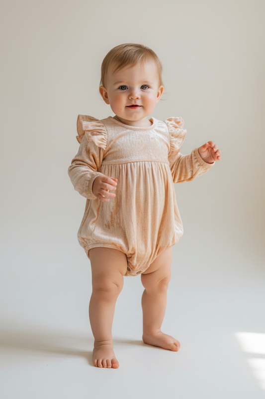 Blush Viscose Velvet Full Sleeves Ruffle Romper