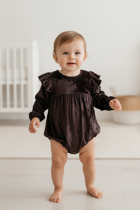 Brown Viscose Velvet Full Sleeves Ruffle Romper