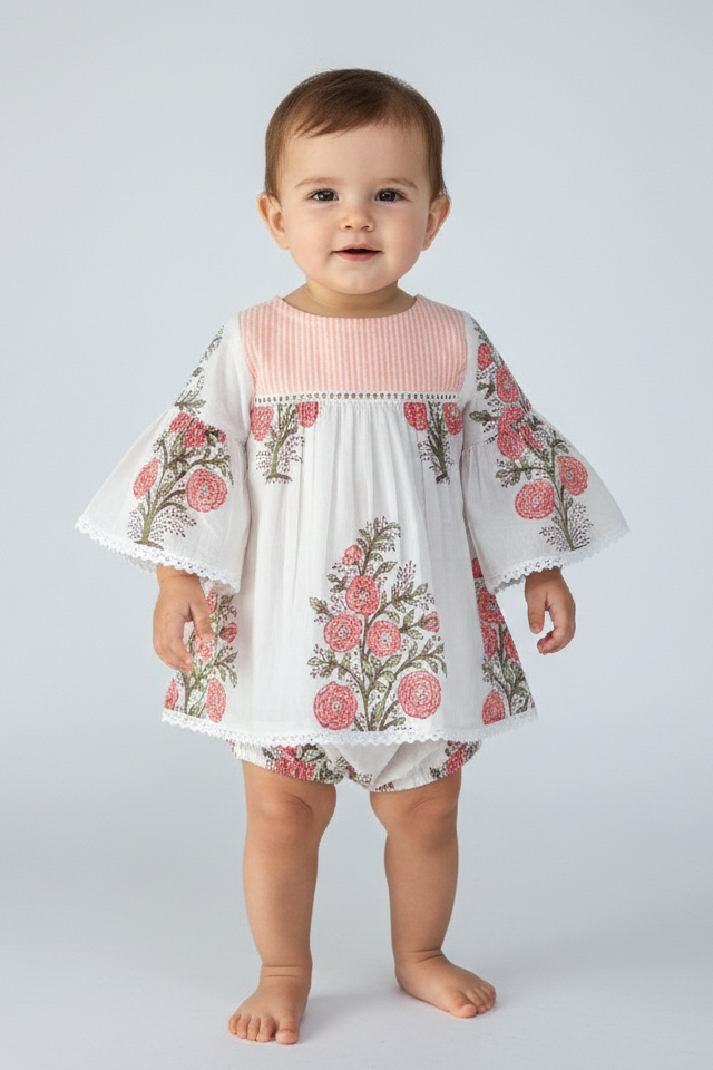 Floral Bell Sleeves Dress and Diaper Cover Set — Cotton Baby Girl Set | 0-24 Months