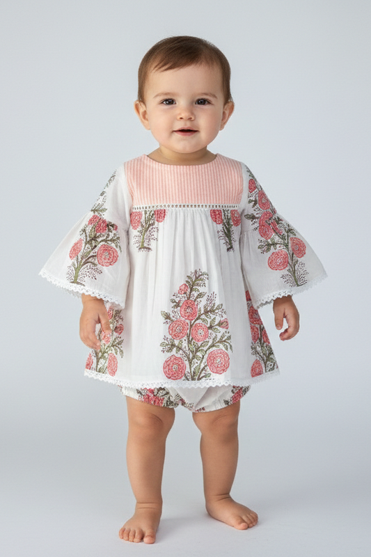 Floral Bell Sleeves Dress and Diaper Cover Set — Cotton Baby Girl Set | 0-24 Months