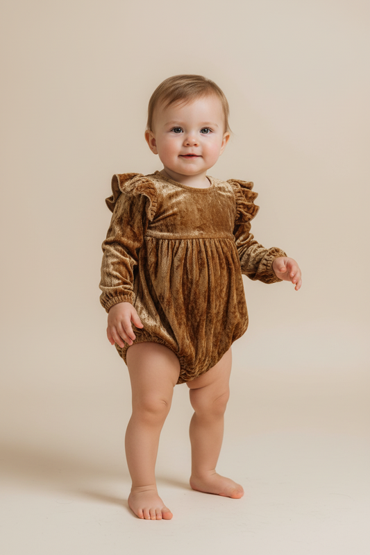 Gold Viscose Velvet Full Sleeves Ruffle Romper