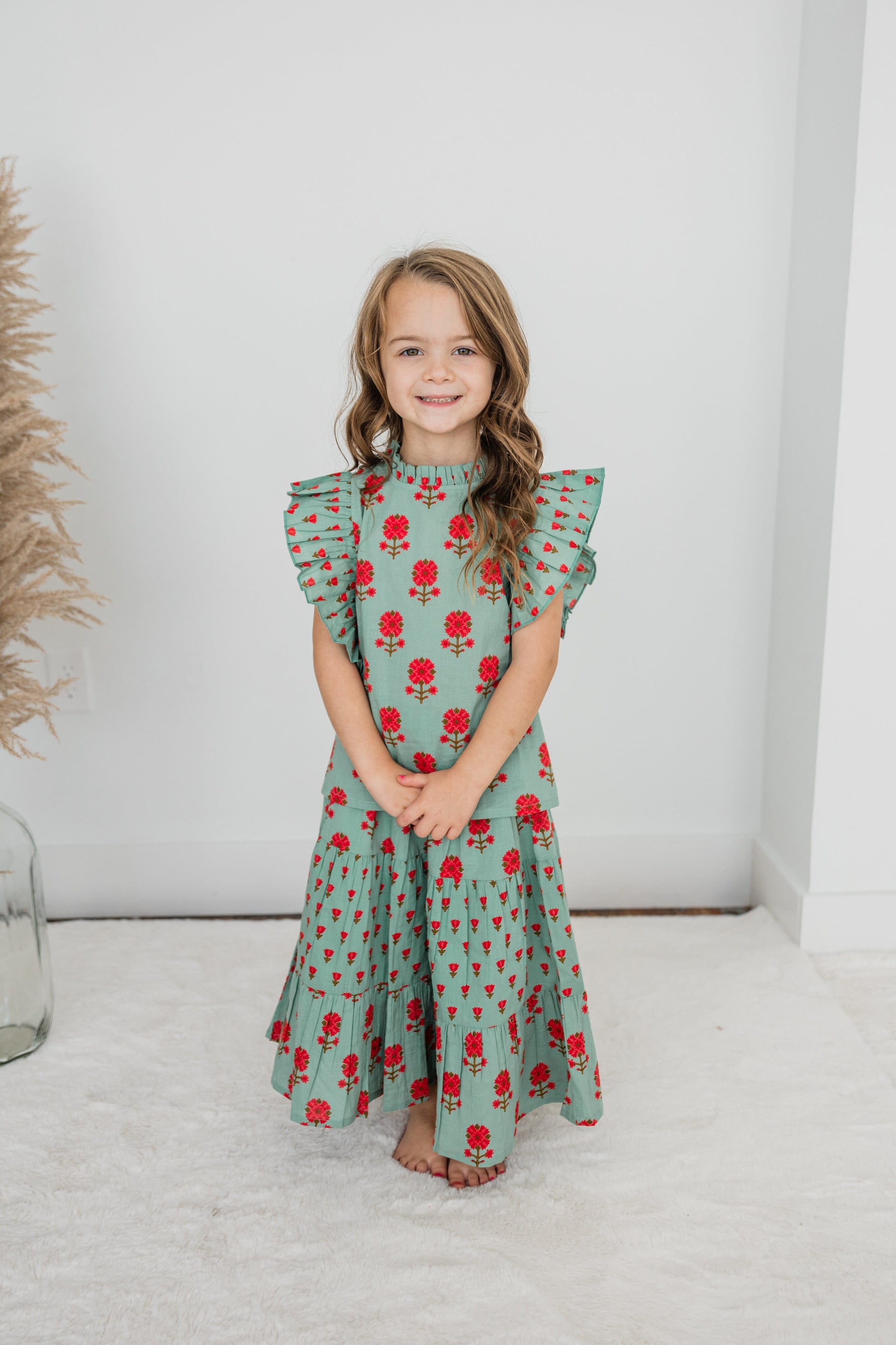 Green Floral Neck Ruffle Top Tiered Skirt Set – Yo Baby Online