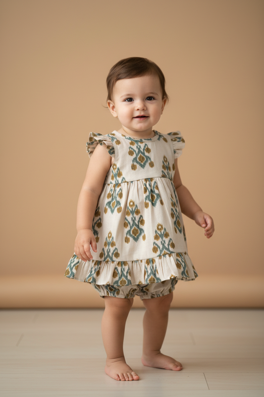 Green Mustard Angel Sleeves Print Dress with Matching Bloomer — Cotton Baby Girl Set | 0-24 Months