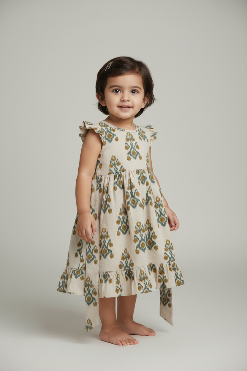 Green Mustard Print Ruffle Sleeve Dress — Cotton Girls Dress | Infant to Tween 0-13 Years