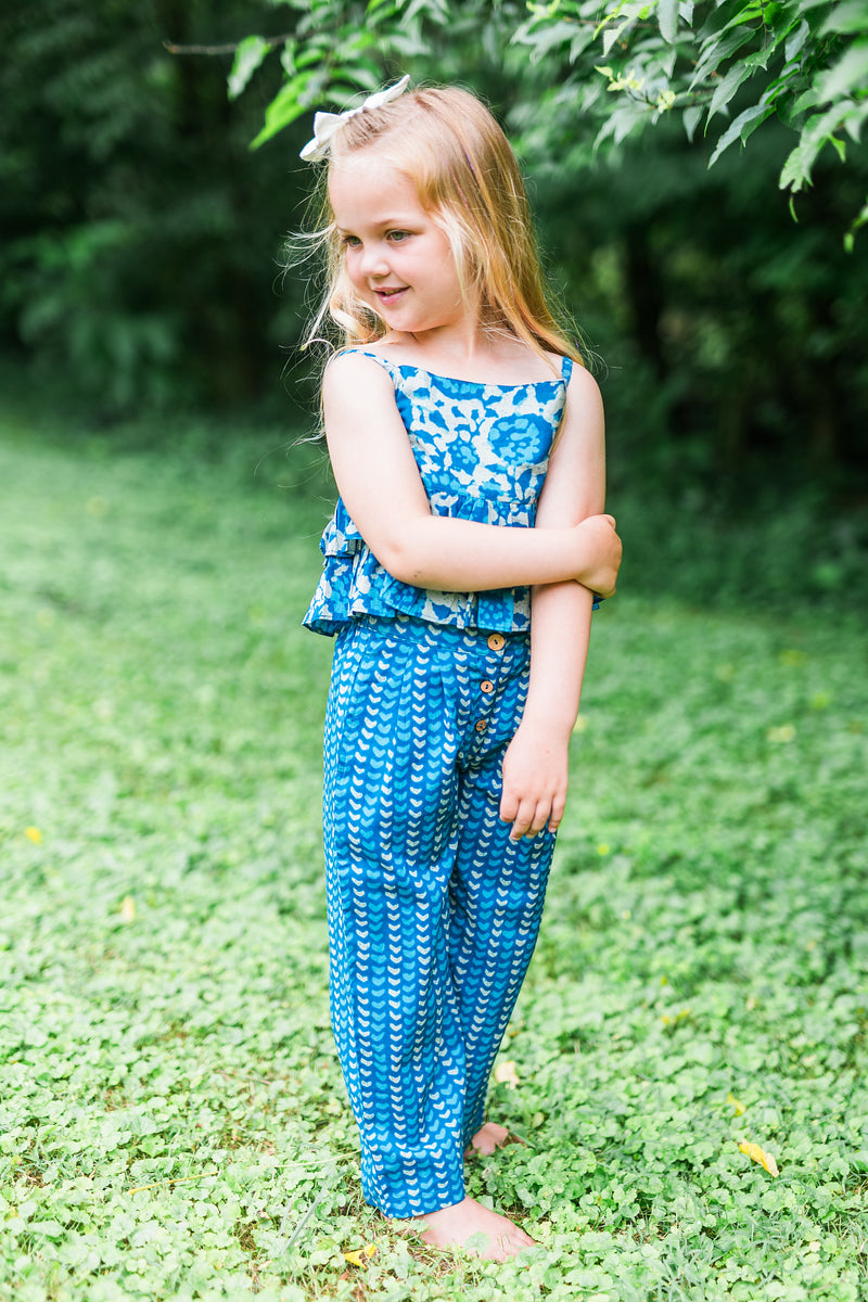 Indigo Floral Print Top and Pant Set — Cotton Girls Co-Ord | 0-13 Years