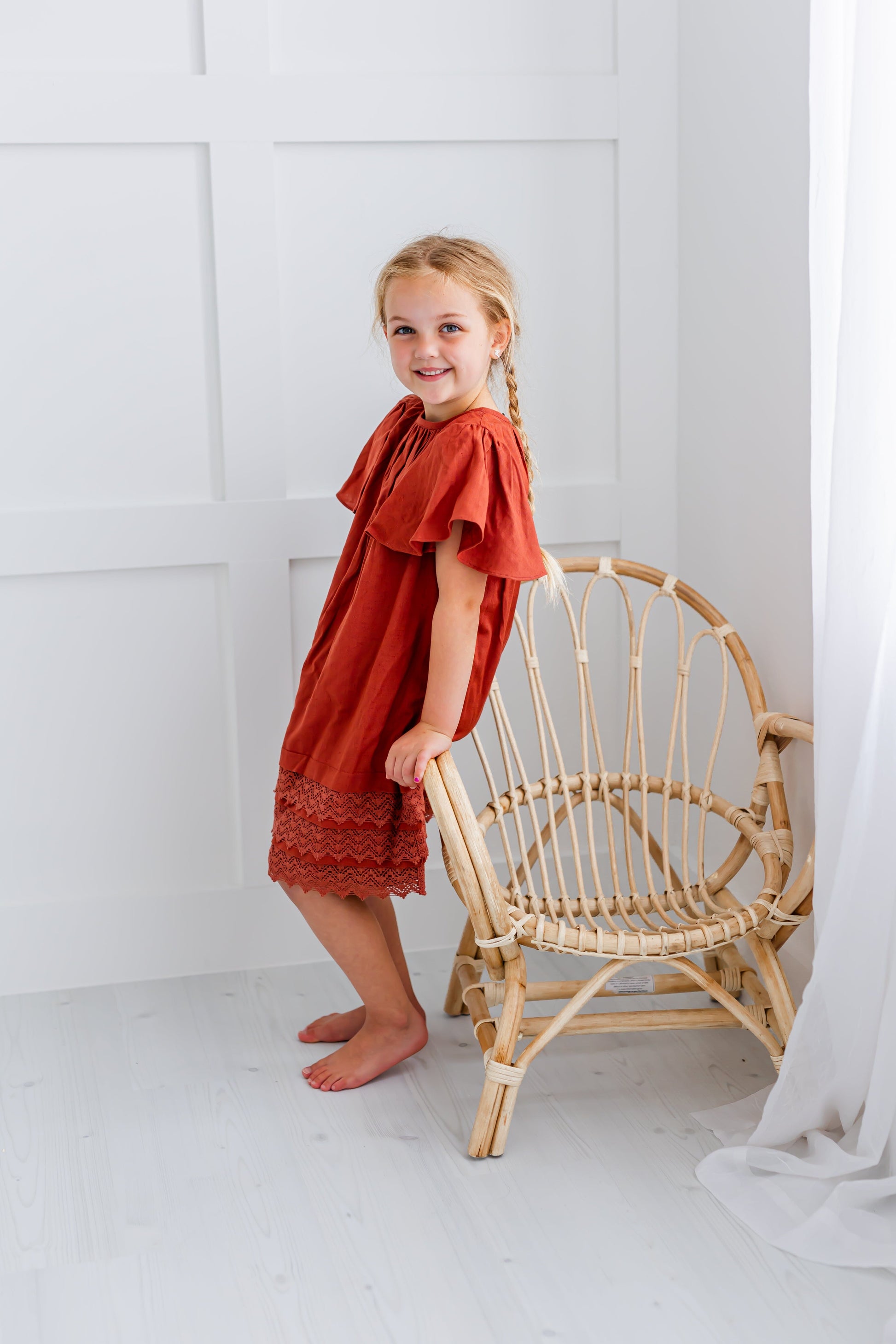 Maroon Gathered Sleeve and Neck Dress — Cotton Girls Dress