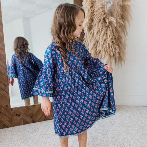 Navy Floral Print Bell-Sleeves Gathered Dress