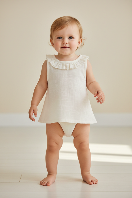 Neck Ruffle Ivory Top — Cotton Girls Top | Infant to Tween 0-13 Years