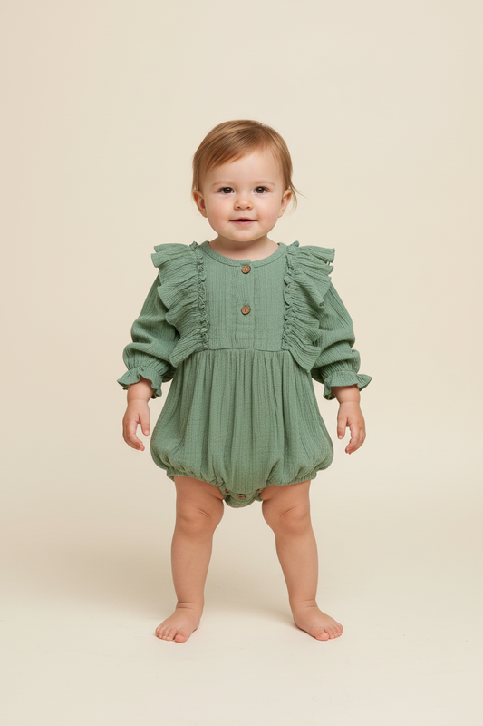 Sage Green Full Sleeves Ruffle Romper — Cotton Baby Girl Romper | 0-24 Months