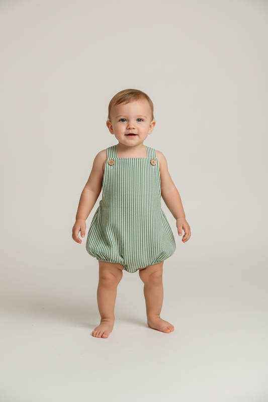Sage Green Stripes Print Romper — Cotton Baby Girl Romper | 0-24 Months