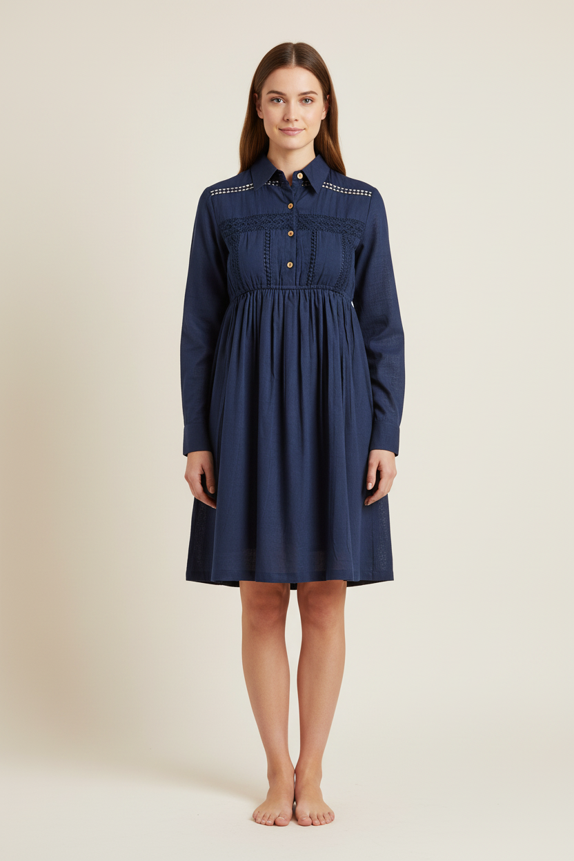 Navy Lace Detail Shirt-Dress - Yo Baby Online