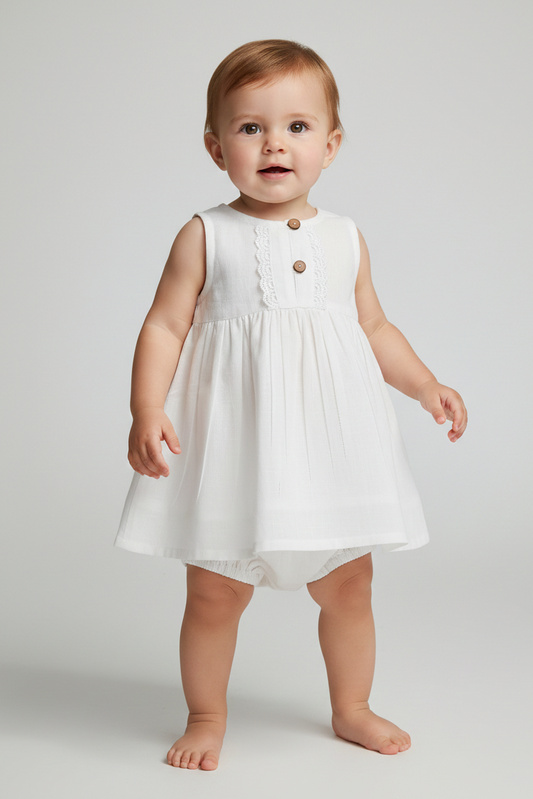 White Sleeveless Dress and Diaper Cover Set — Cotton Baby Girl Set | 0-24 Months