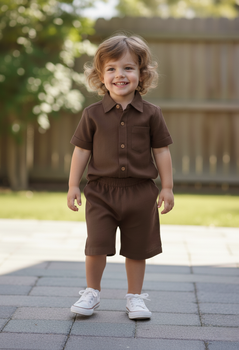 Joey Shorts and Shirt Set Brown Gender Neutral — Cotton Kids Co-Ord | Infant to Tween 0-13 Years