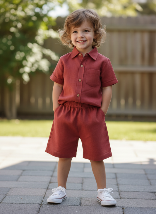 Joey Shorts and Shirt Set Brick Gender Neutral — Cotton Kids Co-Ord | Infant to Tween 0-13 Years