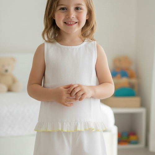 Shorts and Top with Ruffle Edge : WHITE WITH PALE YELLOW : Infant : Toddler : Tween