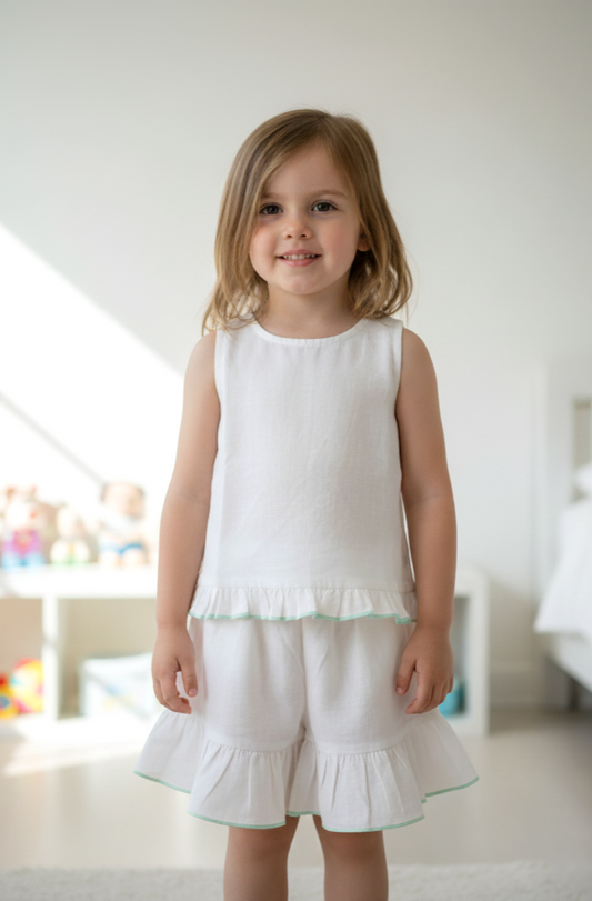 Shorts and Top with Ruffle Edge : WHITE WITH TURQUOISE  : Infant : Toddler : Tween