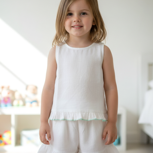 Shorts and Top with Ruffle Edge : WHITE WITH TURQUOISE  : Infant : Toddler : Tween (Copy)