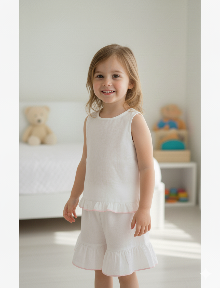 Shorts ands Top  Set With Ruffle Dress : WHITE WITH PINK  : Infant : Toddle : Tween