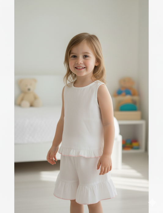 Shorts ands Top  Set With Ruffle Dress : WHITE WITH PINK  : Infant : Toddle : Tween