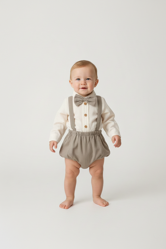 Boys Infant One-Piece Full Sleeves Romper With Attached Bow-Tie - Grey - Yo Baby Online