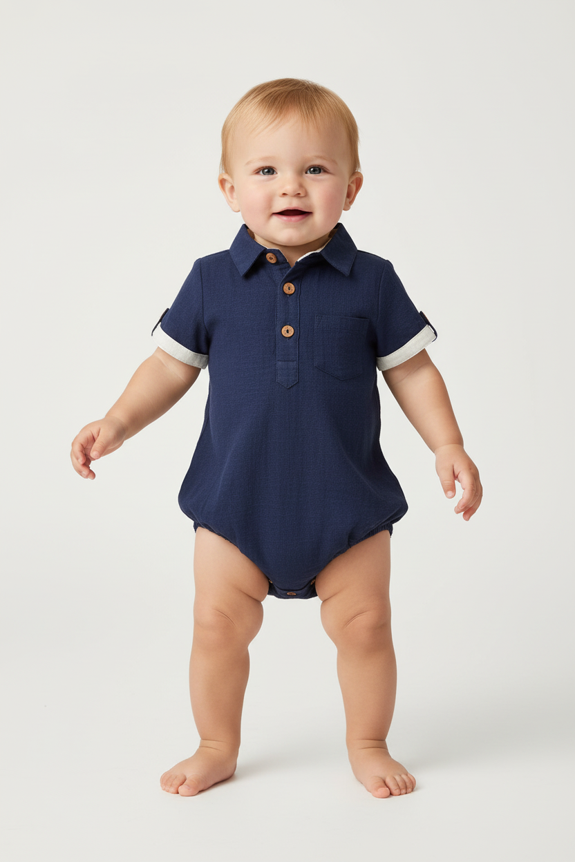 Infant Half-Sleeve Shirt Romper - Navy - Yo Baby Online