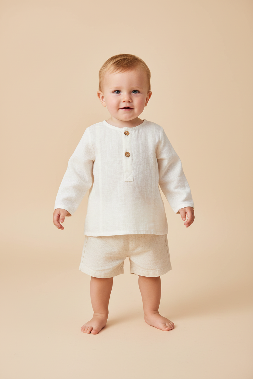 Ivory Henley Shirt With Linen Shorts Set - Yo Baby Online