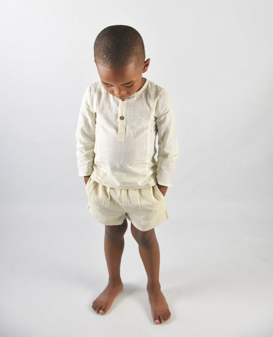 Boys Ecru Henley & Oatmeal Shorts Two Piece Set