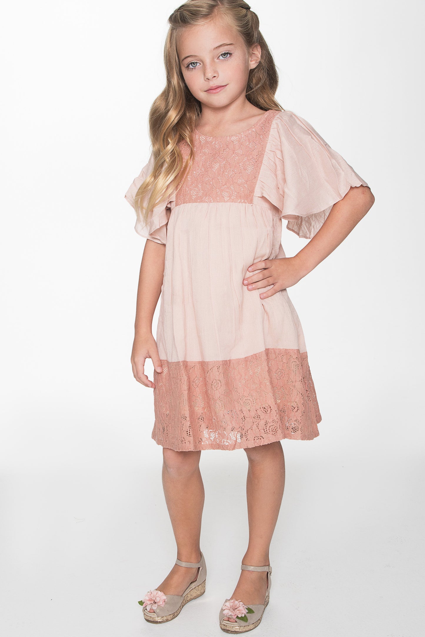 Blush Flounce Sleeve and Lace Dress