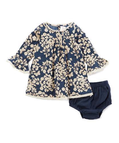Navy Cherry Blossom Inspired Box Pleat Lace Detail Infant Dress