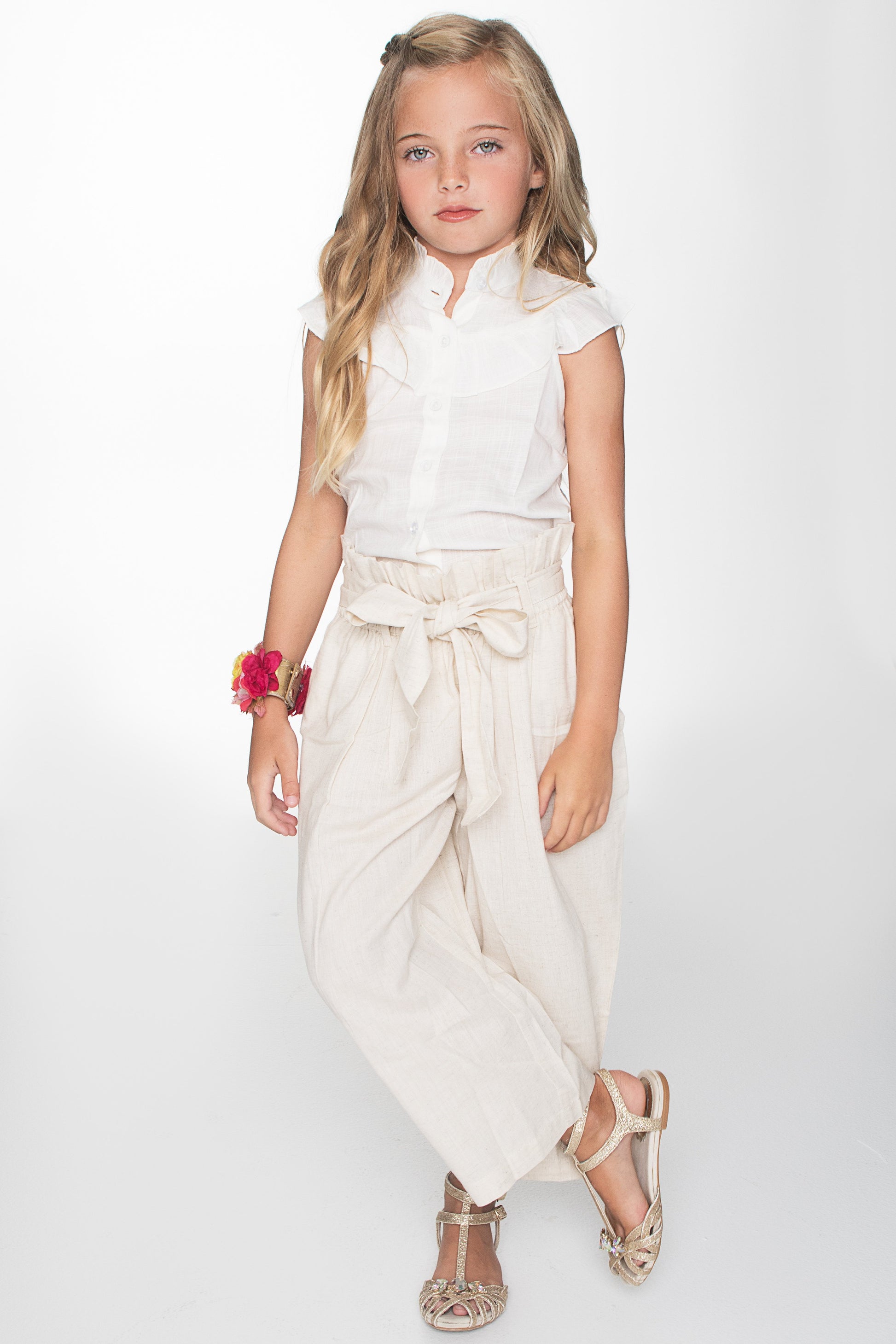 White Frill Top and Paper Bag Beige Pants 2pc. Set