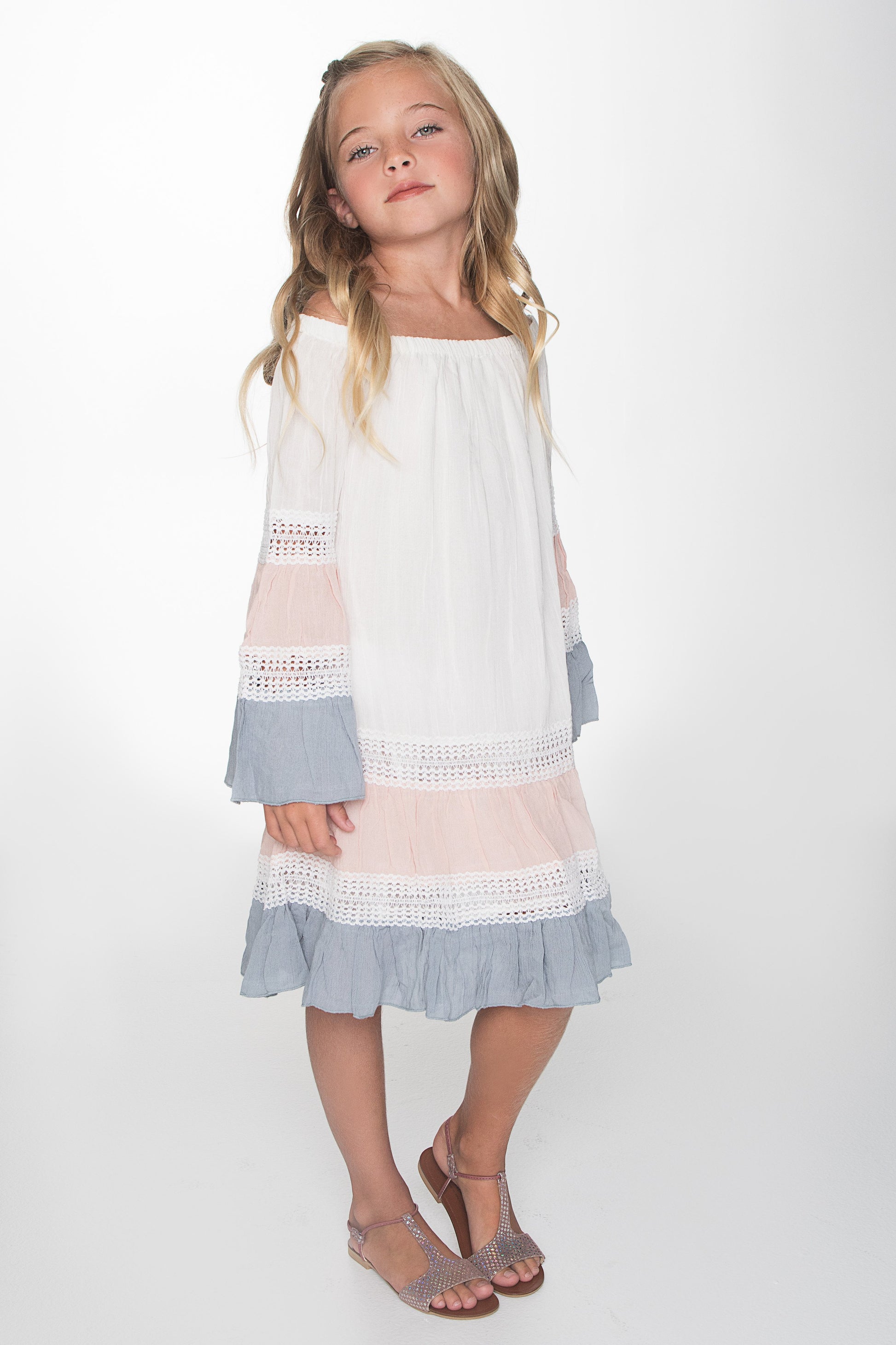 Off White Pink and Blue Lace Detail Swing Dress