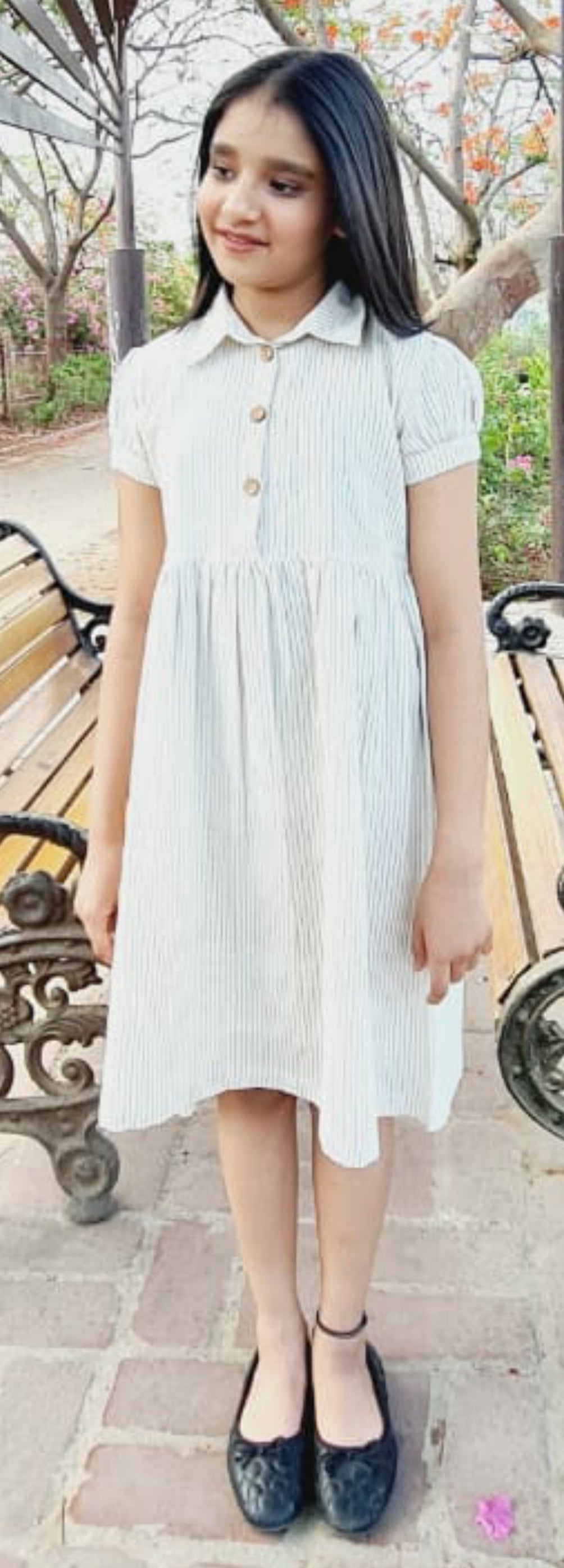 Ecru and Grey Pin Stripe Puff Sleeves Dress