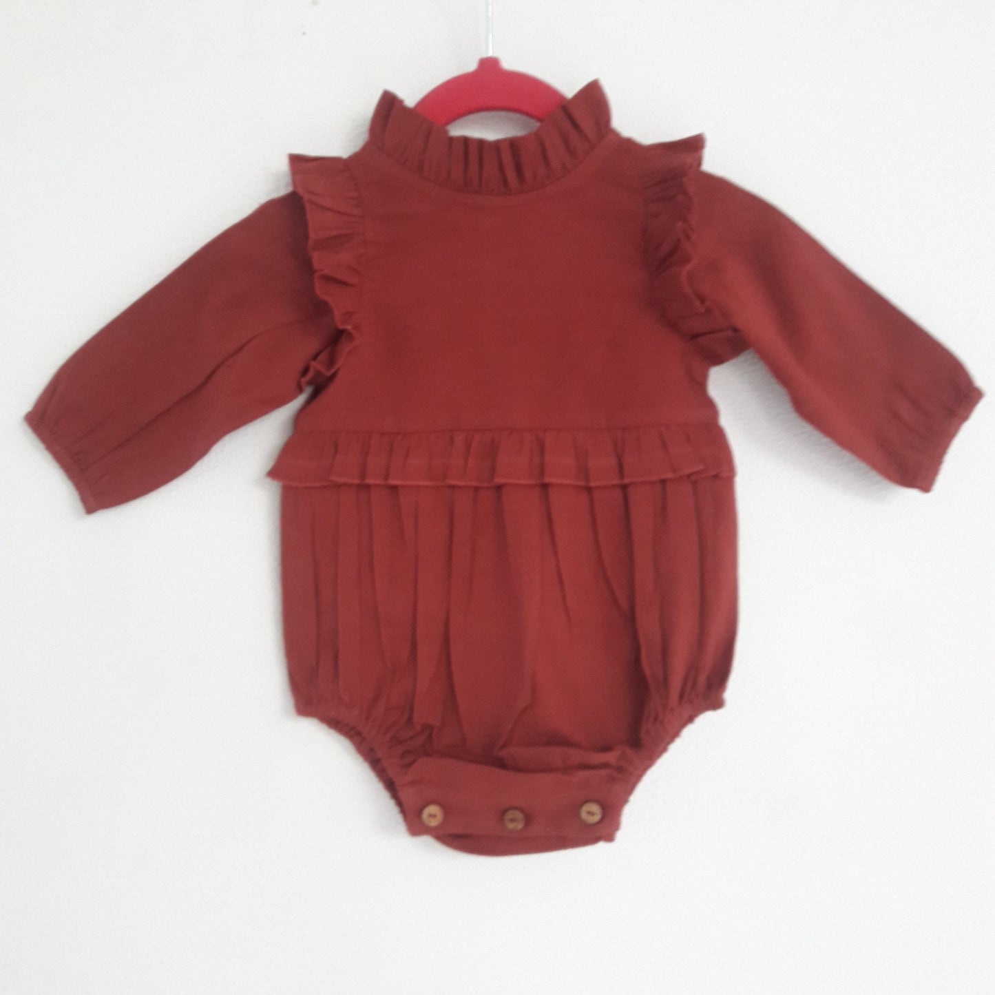 Maroon Full-Sleeves Ruffles Infant Romper