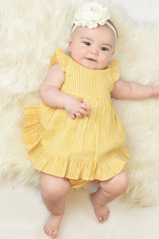 Yellow Pin-Stripe Flutter-Sleeve Dress With Belt-Tie & Diaper Cover Set