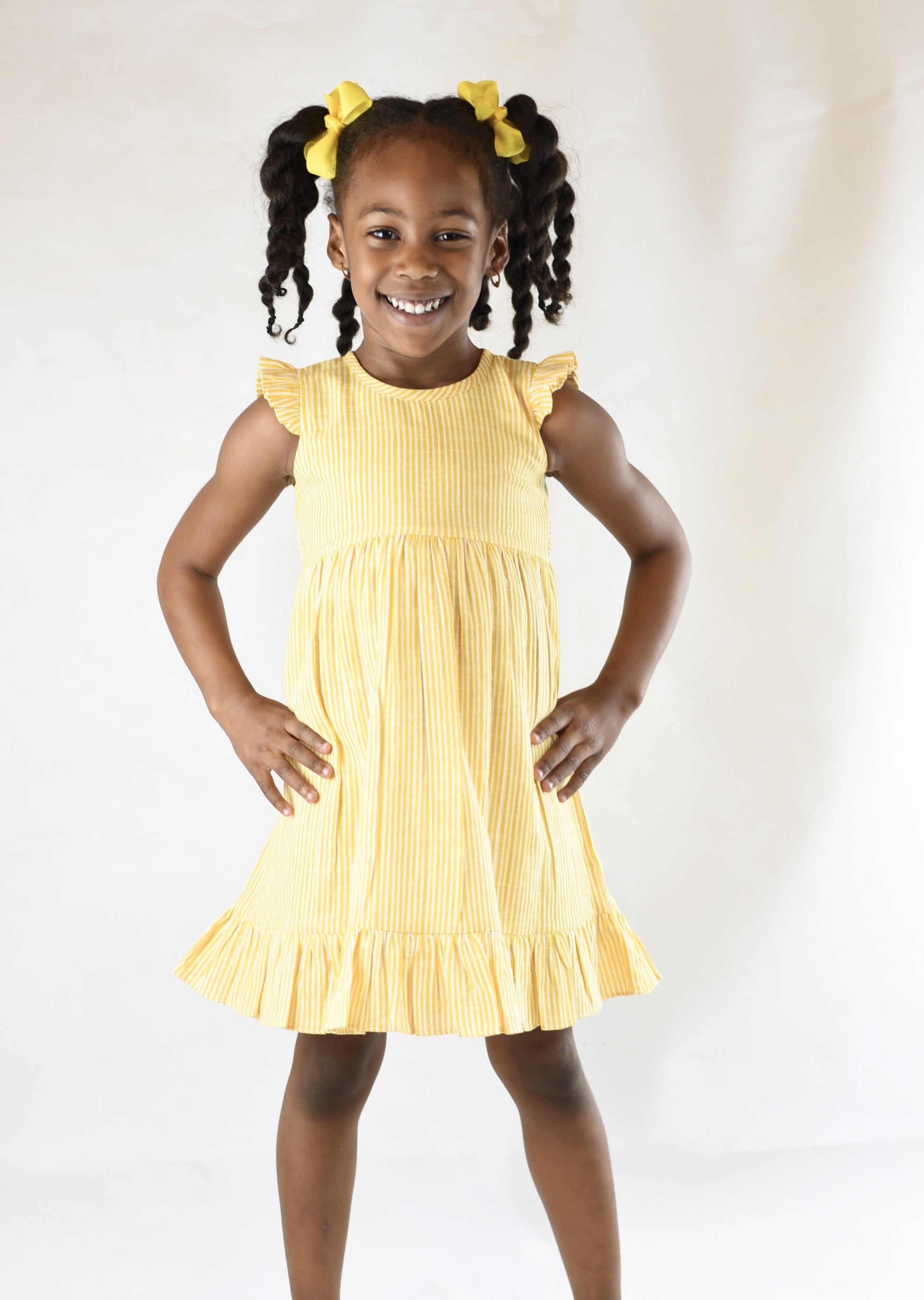Yellow Pin-Stripe Flutter-Sleeve Dress