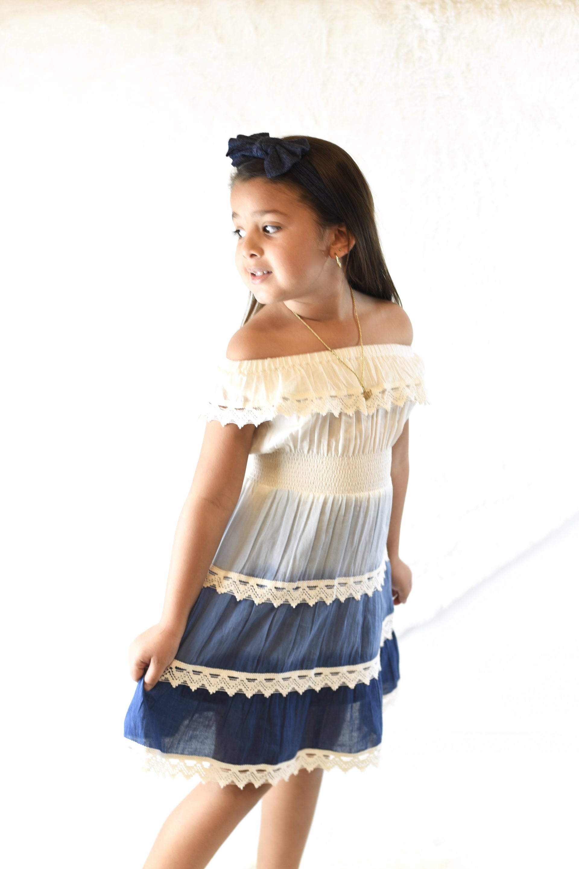 Blue Ombr Off-Shoulder Lace Tier Dress Blue Ombr Off-Shoulder Lace Tier Dress