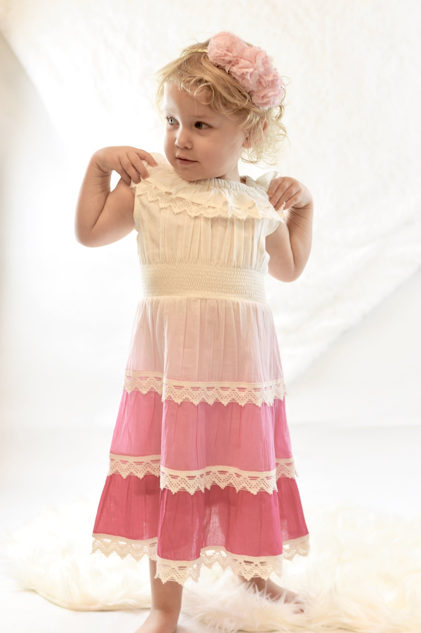 Pink Ombré Off-Shoulder Lace Tier Dress