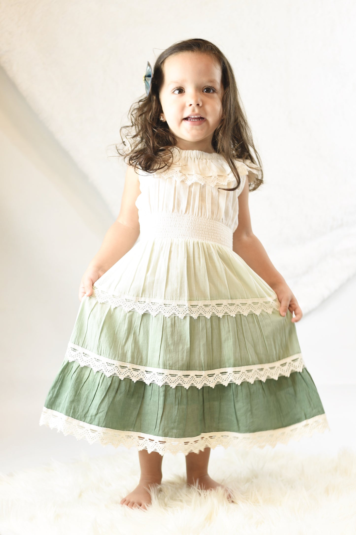 Green Ombré Off-Shoulder Lace Tier Dress