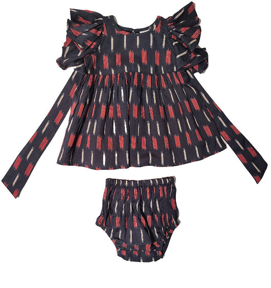 Red Blue and White Ikkat Print Infant Dress with Bloomer
