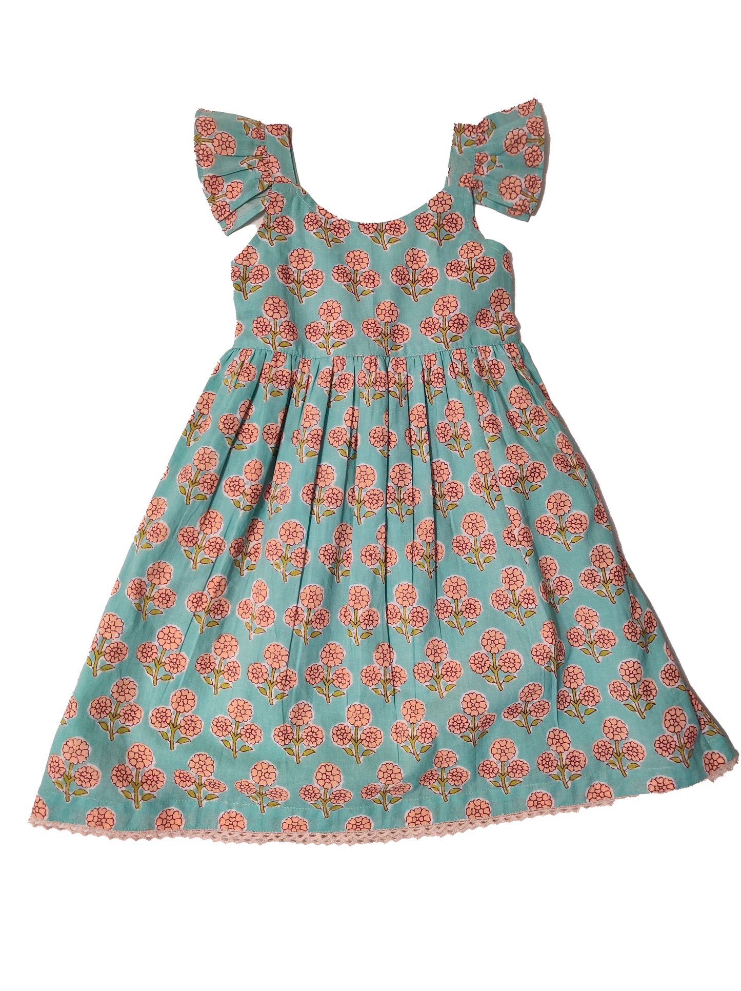 Sea Foam Floral Printed Frill and Lace Detail Dress