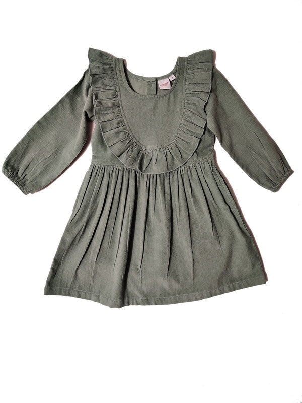 Sage Corduroy Neck Ruffle Dress