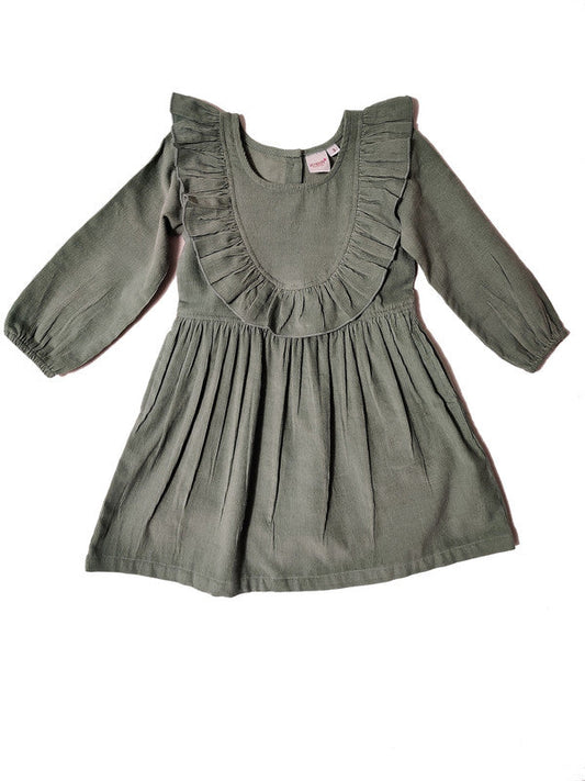 Sage Corduroy Neck Ruffle Dress