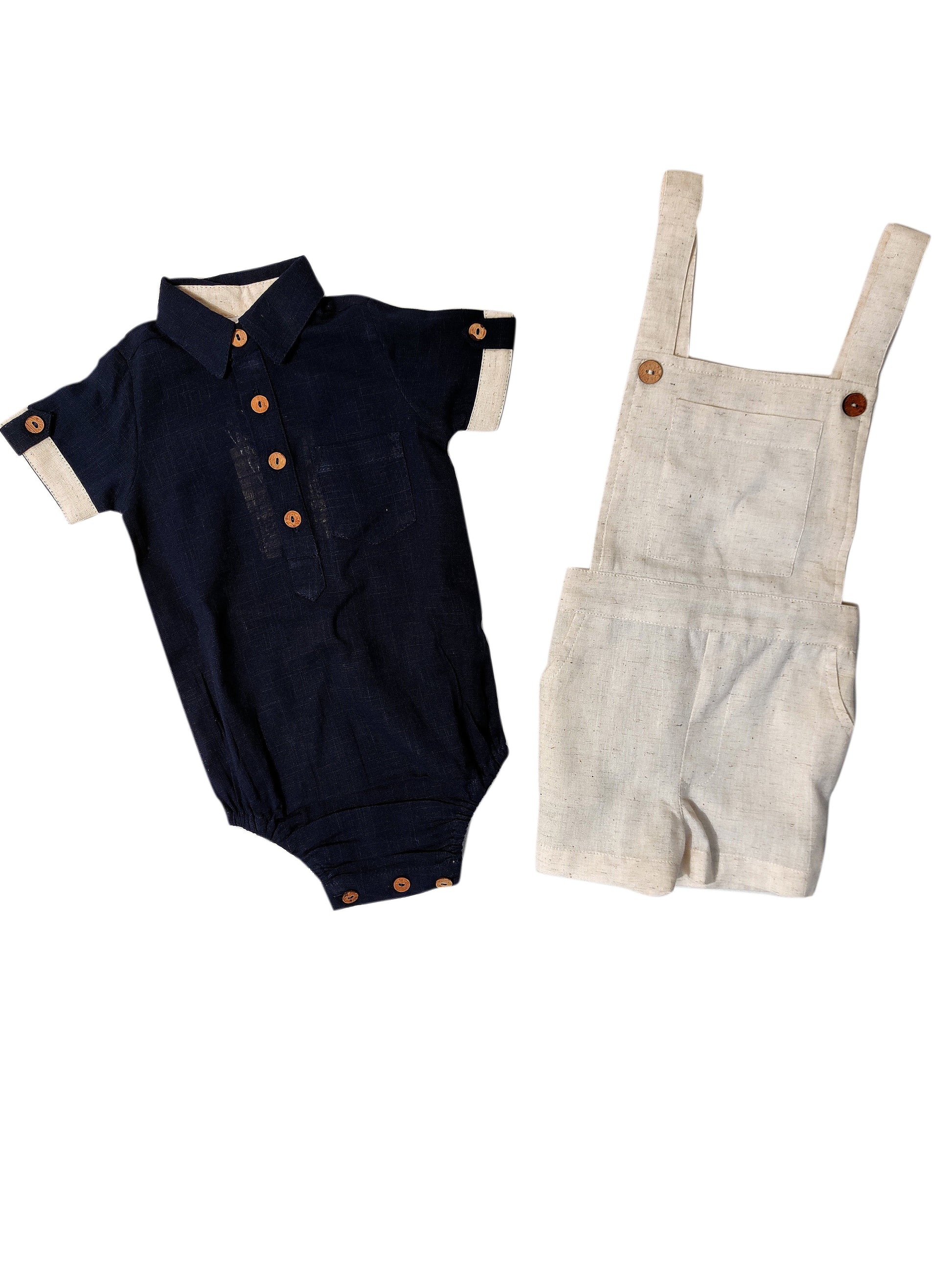 Infant Romper-Shirt and Overalls Set -Navy & Ivory