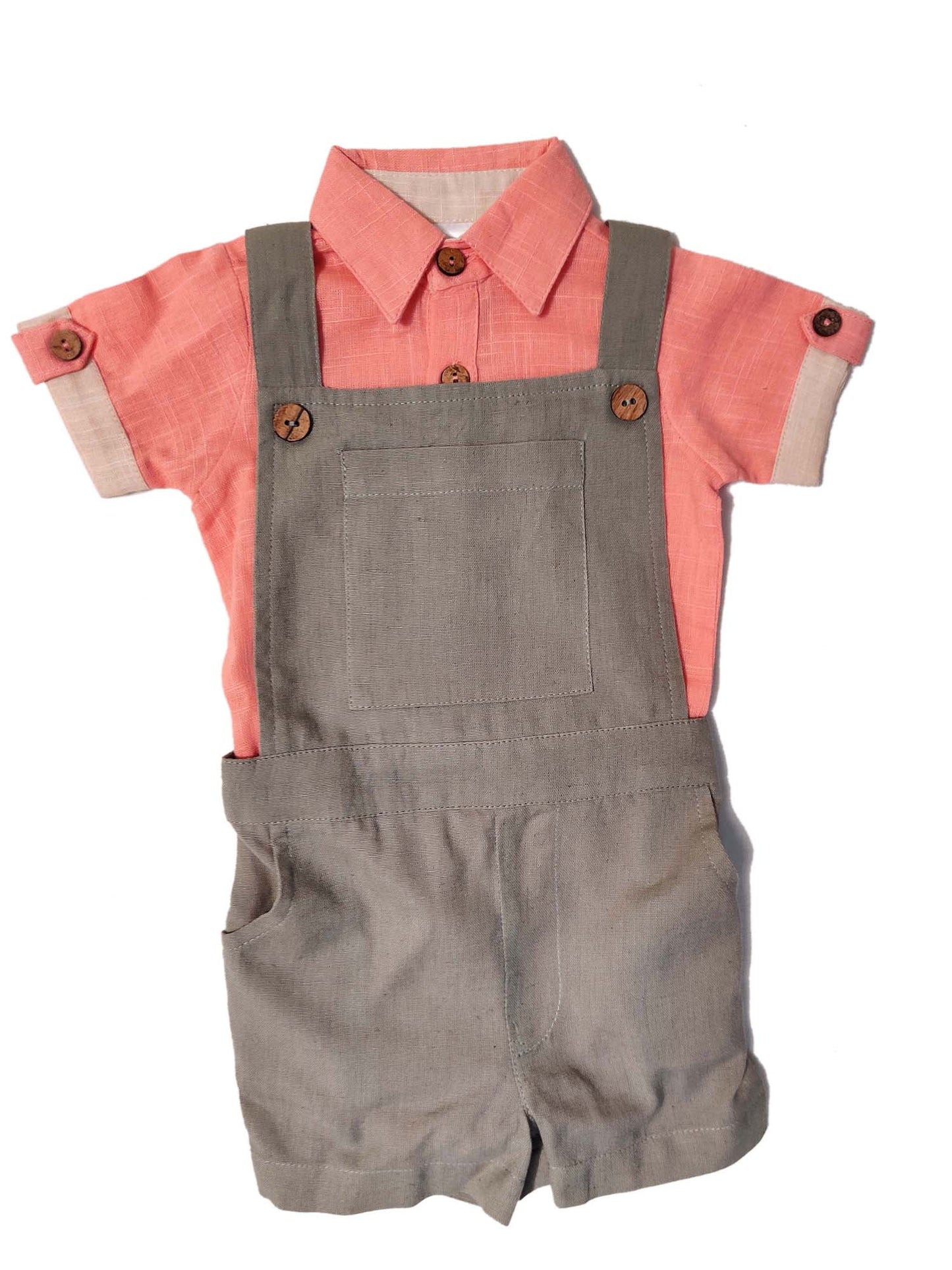 Infant Romper-Shirt and Overalls Set - Coral & Grey